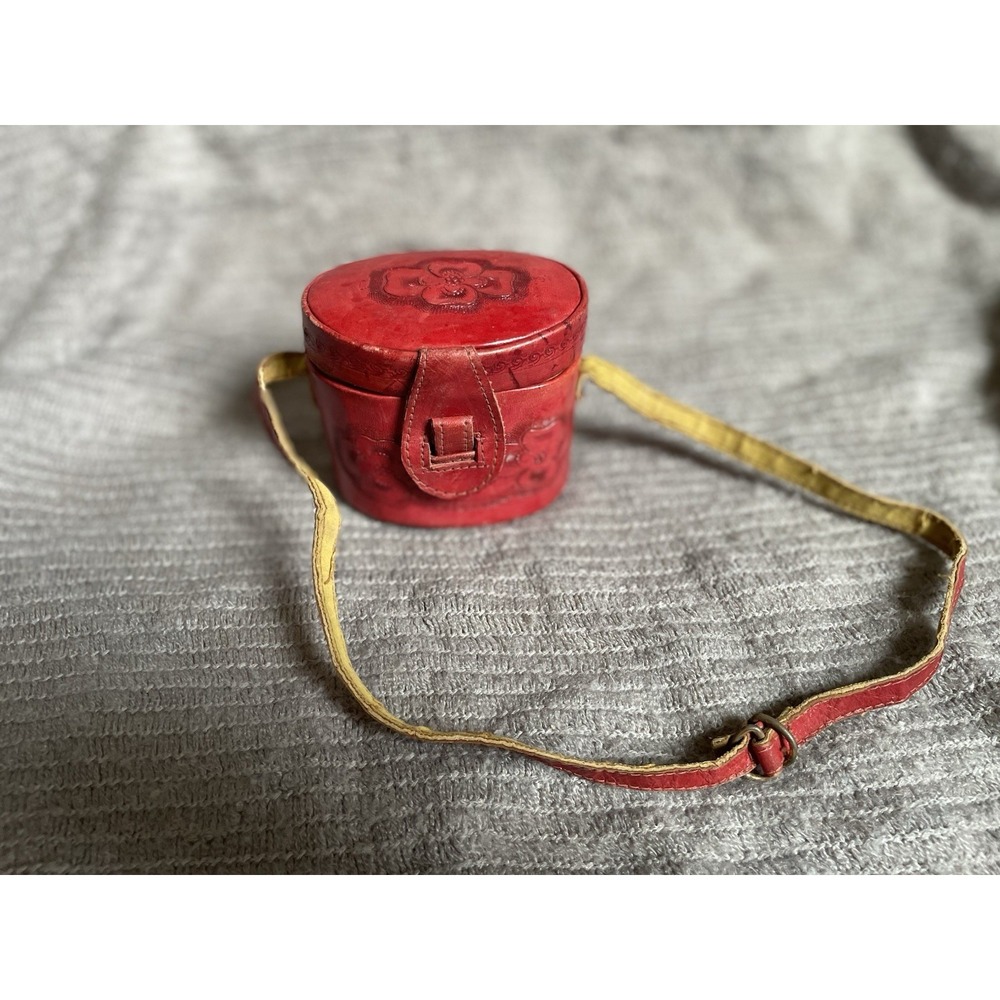 Vintage 1950s Mexican Hand Tooled Leather Drum Box Purse Red Crossbody | READ